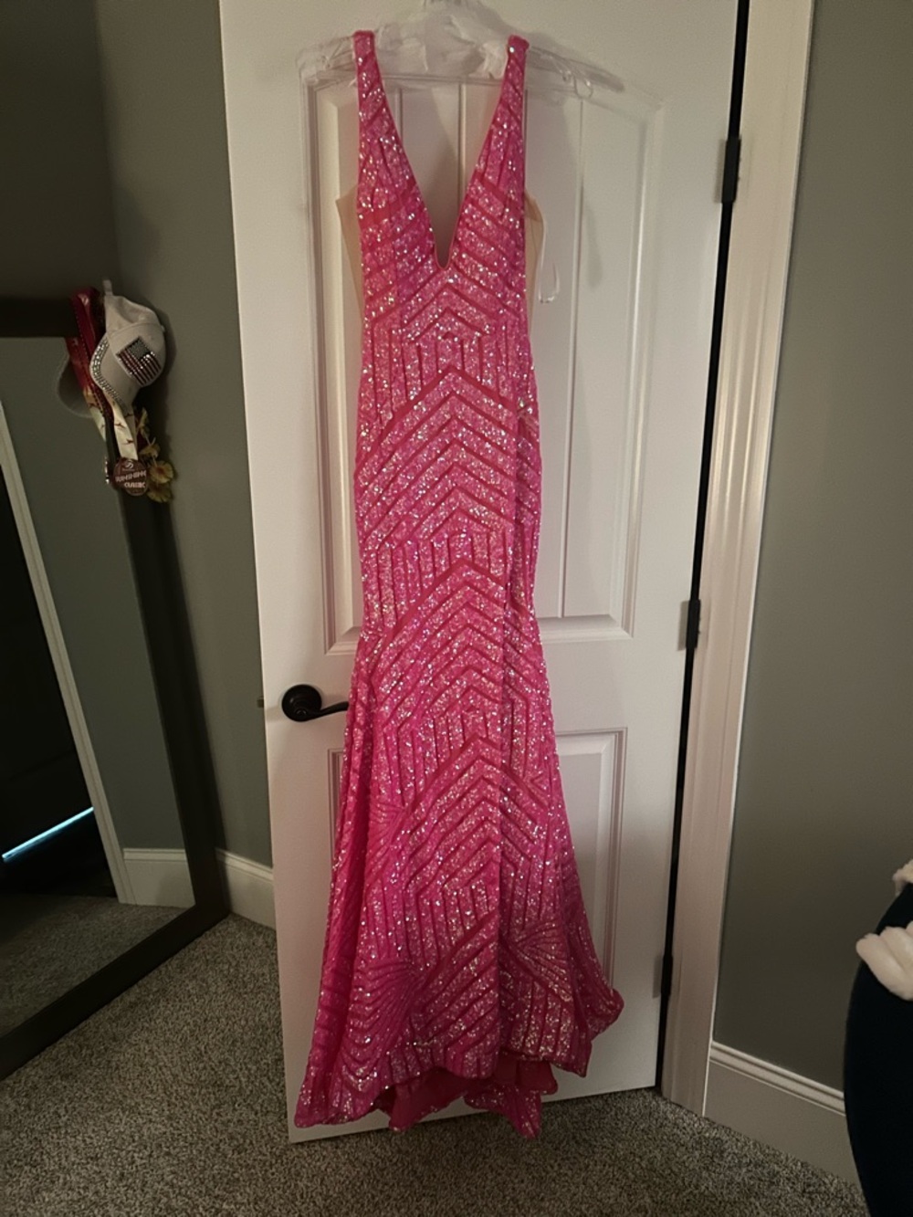 Hot Pink Sequin V-Neck Formal Gown